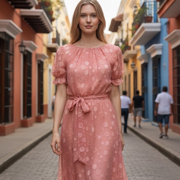 NY Collection Dresses & Skirts - NY Collection Peach Swiss Dot Chiffon Midi Dress Tie Waist SZ PXL
